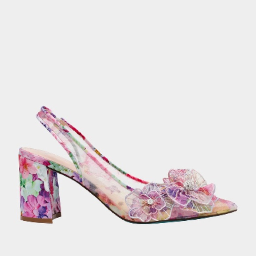 Betsey Johnson Pink Floral Bright Floral Kitten Heels NIB - Picture 2 of 6